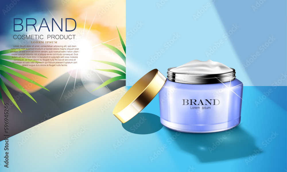 vector illustration blue color realistic cosmetic cream jar on the blue color floor, beautiful environment behind the window,use for cosmetic advertising template.