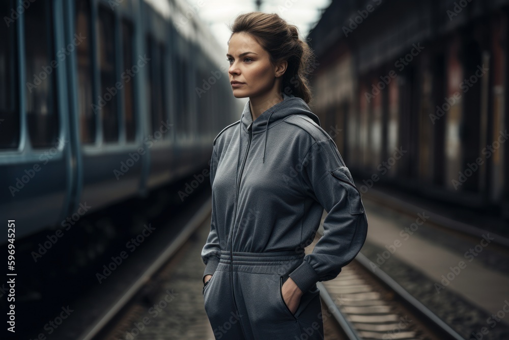 Young woman in a tracksuit on the platform of a railway station Young woman in a tracksuit on the platform of a railway station