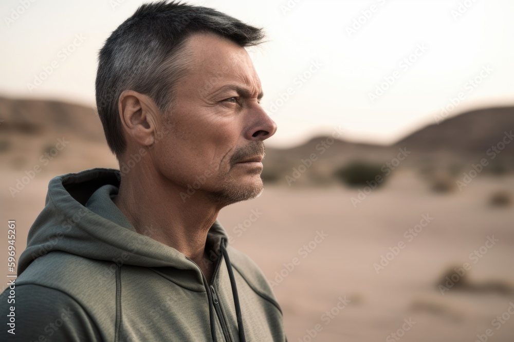 Photography in the style of pensive portraiture of a satisfied man in his 40s wearing a comfortable tracksuit against a desert background. Generative AI Photography in the style of pensive portraiture of a satisfied man in his 40s wearing a comfortable tracksuit against a desert background. Generative AI