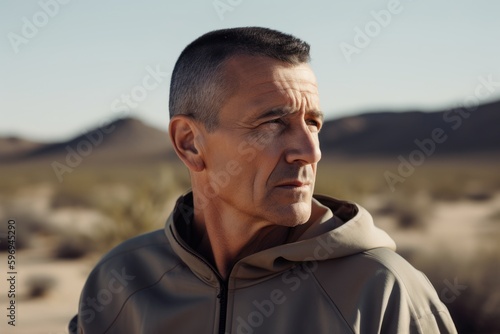 Photography in the style of pensive portraiture of a satisfied man in his 40s wearing a comfortable tracksuit against a desert background. Generative AI
