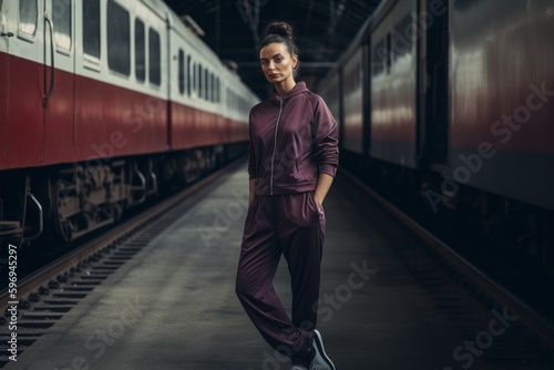 Fashionable young woman posing at the train station, wearing sportswear.