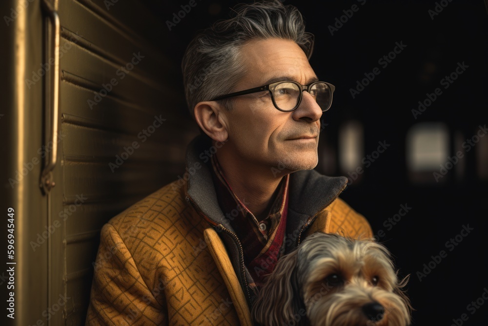 Man with a Yorkshire Terrier dog in a yellow coat and glasses Man with a Yorkshire Terrier dog in a yellow coat and glasses
