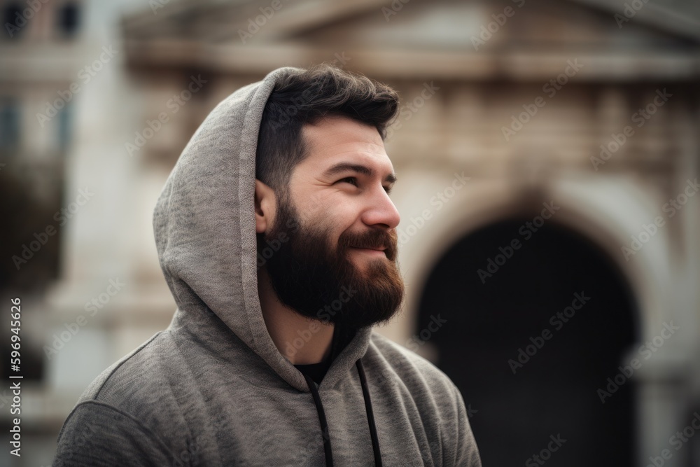 Portrait of a handsome bearded man in a gray sweatshirt on the street. Portrait of a handsome bearded man in a gray sweatshirt on the street.
