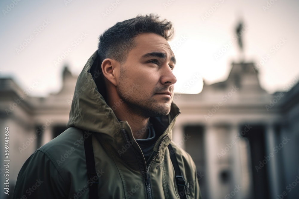 Portrait of a young man in a green jacket on the street Portrait of a young man in a green jacket on the street