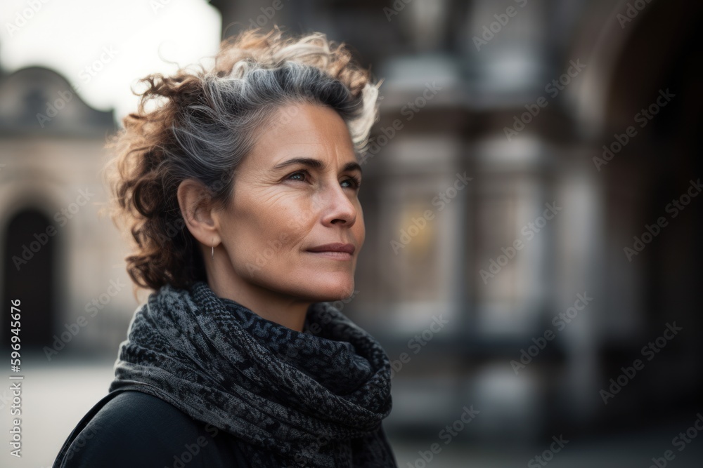 Portrait of a middle-aged woman with short hair in the city Portrait of a middle-aged woman with short hair in the city