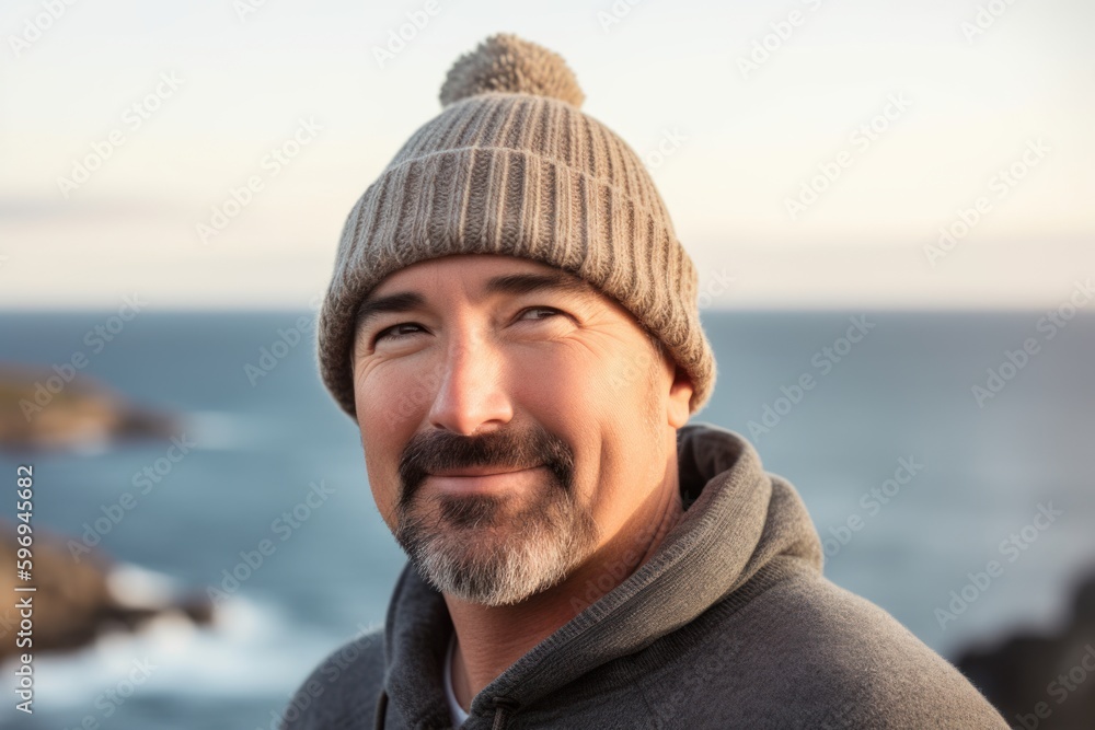Portrait of a handsome man wearing a hat and sweater on the beach Portrait of a handsome man wearing a hat and sweater on the beach