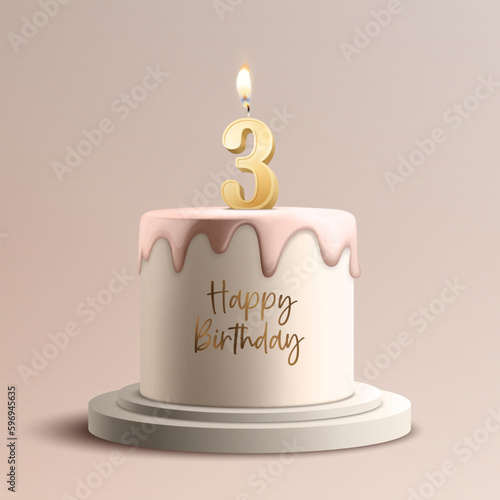 Three Years. Vector Birthday Anniversary Sweet Cake. Greeting Card, Banner with 3d Realistic Burning Golden Birthday Party Candle, Number, Flame. Icon Design Template for Birthday Concept. Front View