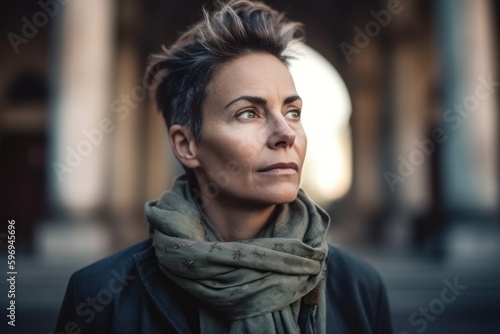 Portrait of a beautiful woman in a coat and scarf looking away