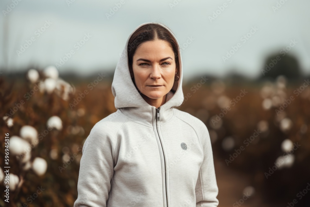 Portrait of a beautiful young woman in a white hoodie in a field of cotton. Portrait of a beautiful young woman in a white hoodie in a field of cotton.