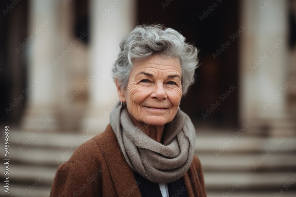 Portrait of a smiling senior woman in a coat and scarf outdoors Portrait of a smiling senior woman in a coat and scarf outdoors