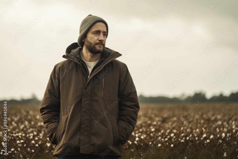 Handsome bearded man in the field of cotton. Toned. Handsome bearded man in the field of cotton. Toned.