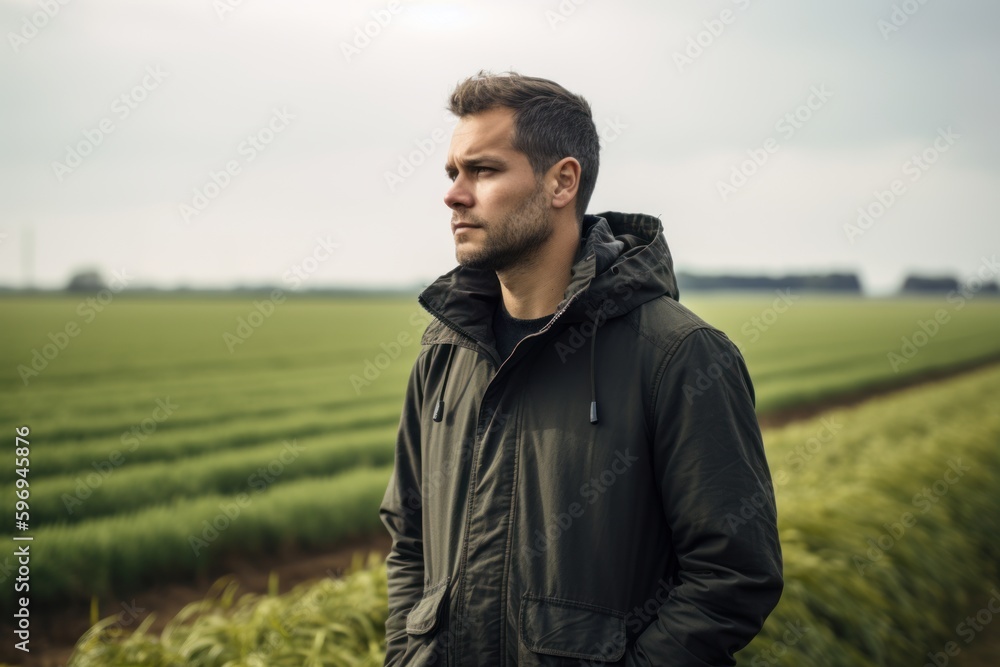 Portrait of a handsome young man in a black jacket standing in a corn field. Portrait of a handsome young man in a black jacket standing in a corn field.