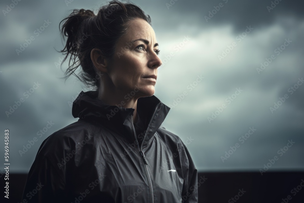 portrait of a beautiful young brunette woman in a raincoat