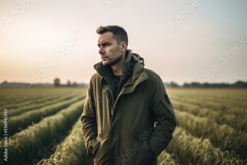 Handsome young man in a green jacket standing on a wheat field © Leon Waltz