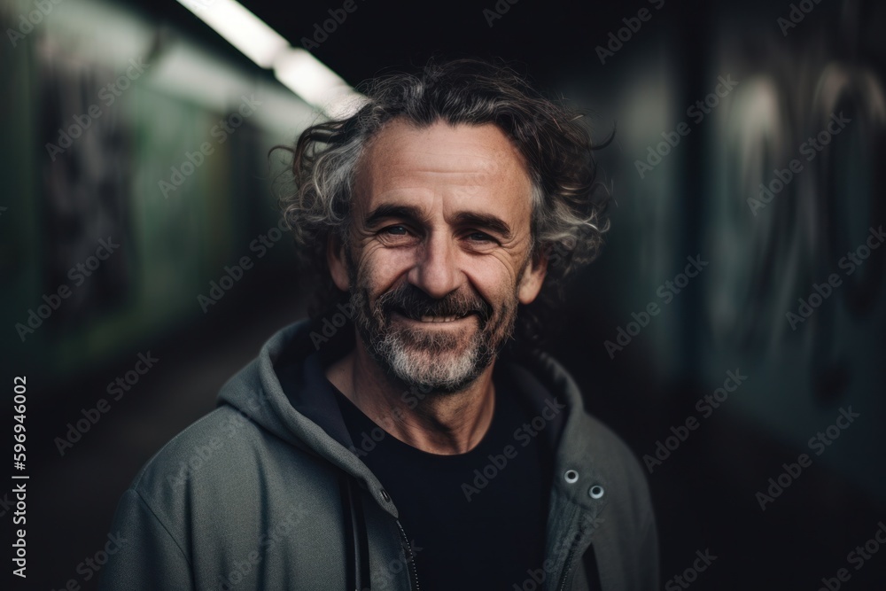 Portrait of a middle-aged man in a dark tunnel. Portrait of a middle-aged man in a dark tunnel.