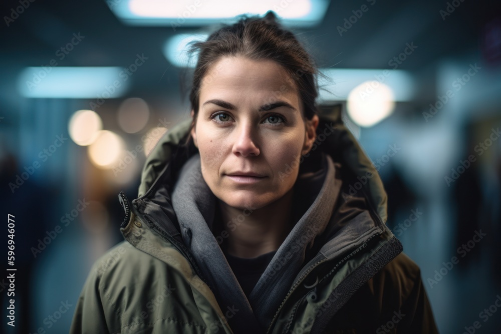 Portrait of a young woman in a jacket in an underground passage Portrait of a young woman in a jacket in an underground passage
