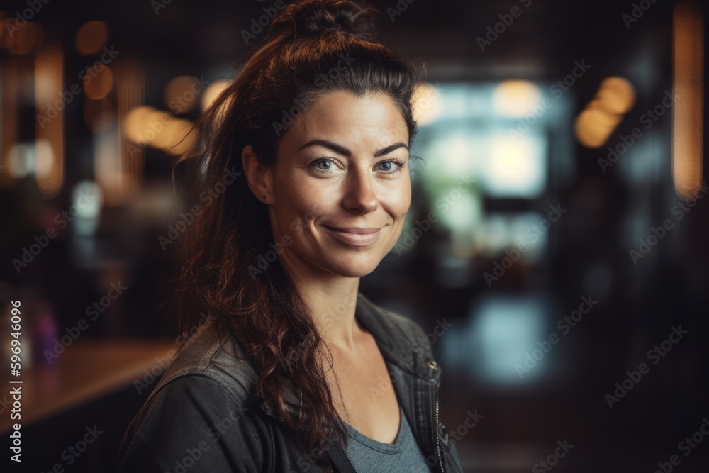 Portrait of smiling woman standing in bar counter at the coffee shop Portrait of smiling woman standing in bar counter at the coffee shop
