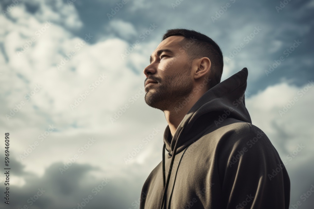 Handsome man in hoodie looking away on cloudy sky background Handsome man in hoodie looking away on cloudy sky background