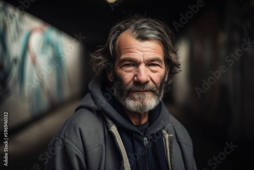 Portrait of an old man with gray hair and beard in a dark tunnel