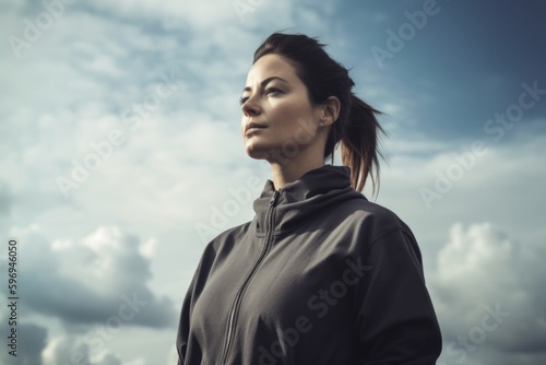 Young woman in sportswear posing on cloudy sky background, toned