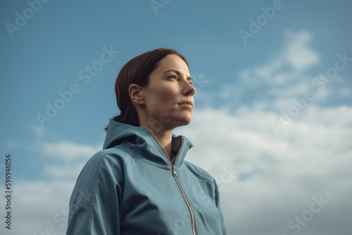 Portrait of a young woman in a blue jacket against the sky