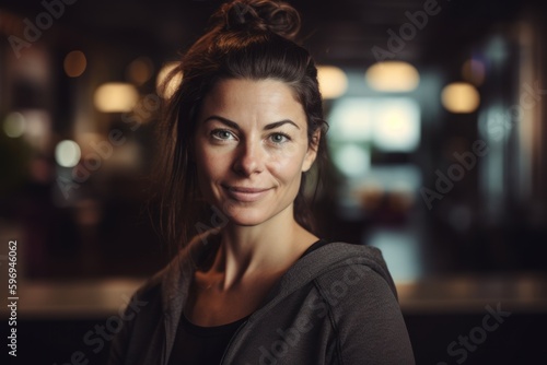 Portrait of beautiful woman looking at camera in a pub or restaurant