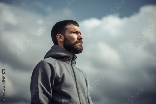 Portrait of a bearded man in a gray hoodie against a cloudy sky