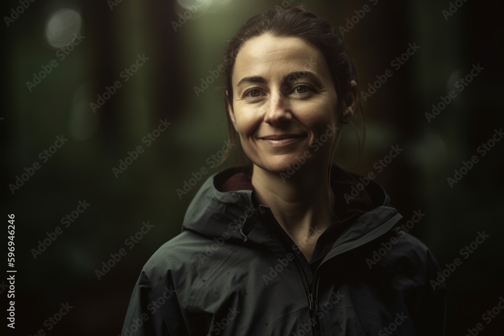 Portrait of a beautiful smiling woman in a raincoat at night Portrait of a beautiful smiling woman in a raincoat at night