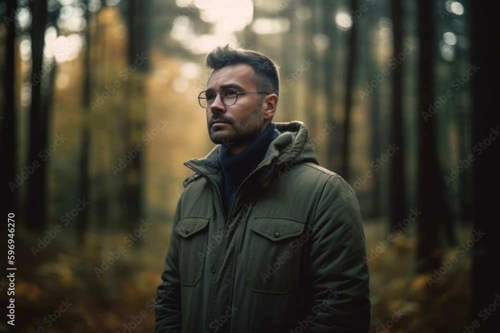 Full-length portrait photography of a pleased man in his 30s wearing a cozy sweater against a mystical forest background. Generative AI