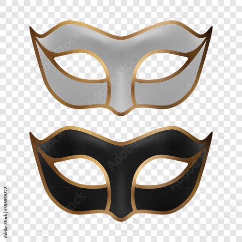 Vector 3d Realistic White, Black and Golden Carnival Face Mask Icon Set CLoseup Isolated. Mask for Party, Masquerade Closeup. Design Template of Mask. Carnival, Party, Secret, Hero, Stranger Concept