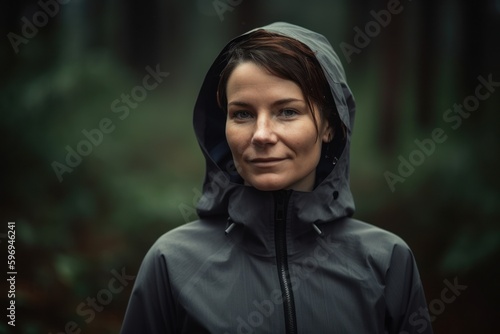 Portrait of a beautiful woman in a raincoat in the forest