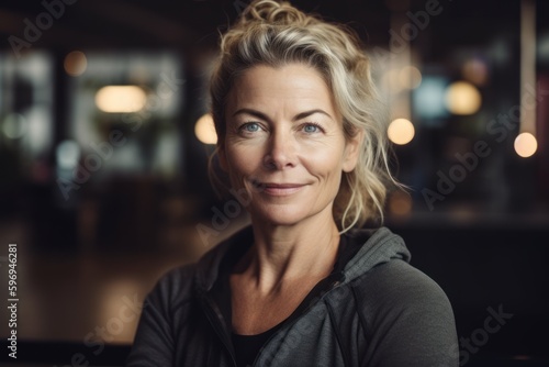 Medium shot portrait photography of a pleased woman in her 40s wearing a cozy sweater against a gym or fitness center background. Generative AI