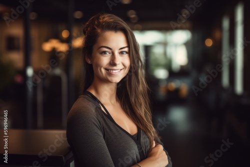 Portrait of smiling young woman standing with arms crossed in coffee shop © Leon Waltz