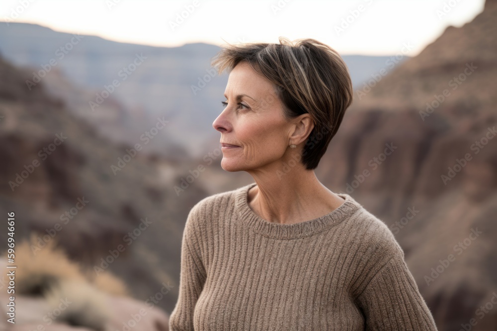 Photography in the style of pensive portraiture of a grinning woman in her 40s wearing a cozy sweater against a canyon or desert landscape background. Generative AI