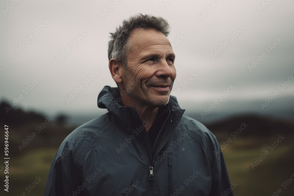 Handsome middle aged man in a raincoat smiling at the camera.