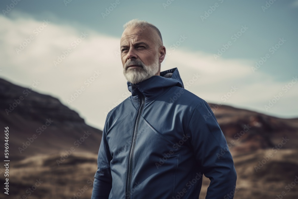 Handsome senior man with grey beard and mustache wearing a blue jacket in the desert