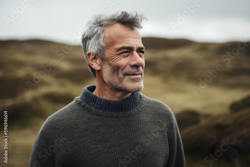 Portrait of a handsome middle-aged man with gray hair and gray eyes wearing a grey sweater standing in a grassy field
