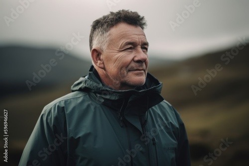 Portrait of a senior man in a green jacket standing in the mountains