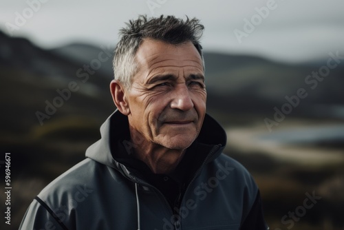 Portrait of an elderly man in a gray jacket in the mountains.