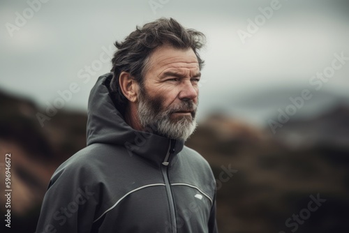 Portrait of a senior man with gray hair and beard wearing sportswear outdoors in the countryside