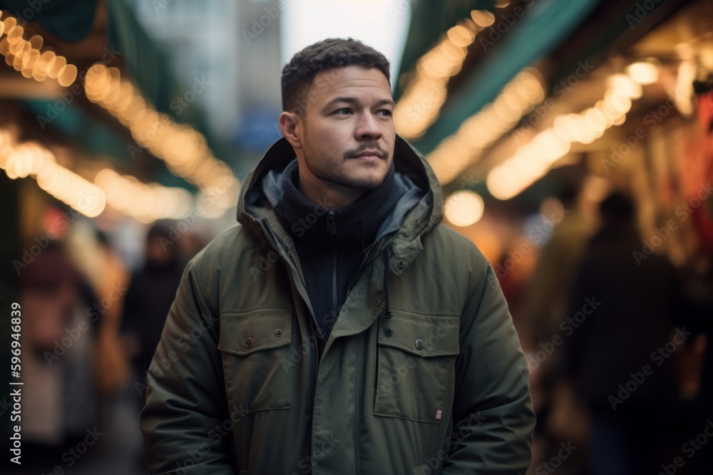 Portrait of a handsome young man in a winter jacket on the street.