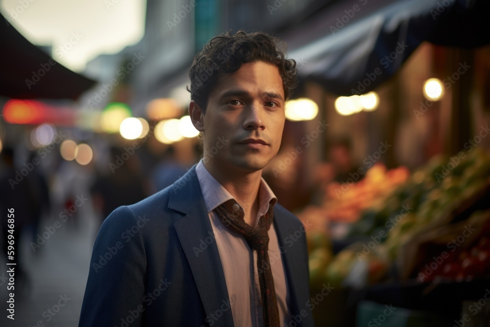Environmental portrait photography of a pleased man in his 30s wearing a classic blazer against a bustling market or street scene background. Generative AI