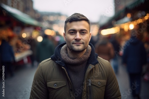 Portrait of a handsome young man at Christmas market in Paris, France