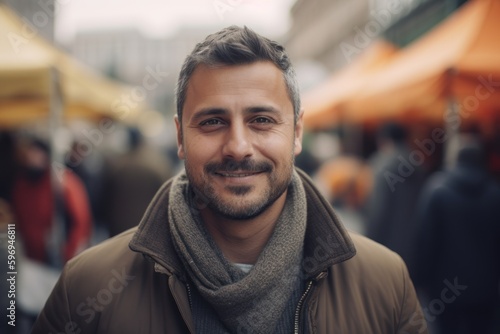 Group portrait photography of a satisfied man in his 30s wearing a cozy sweater against a bustling market or street scene background. Generative AI