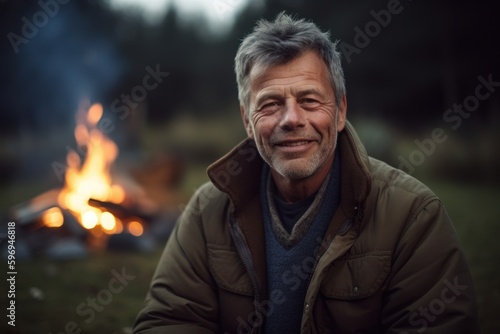 Portrait of a smiling senior man sitting near bonfire in forest © Leon Waltz