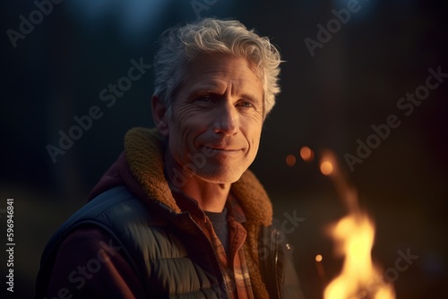 Portrait of senior man standing near campfire in forest at night