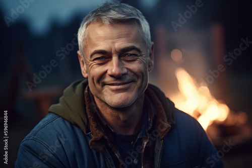 Portrait of a smiling middle-aged man in front of a campfire.