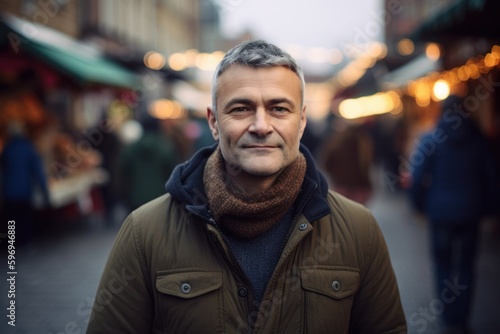 Portrait of a handsome middle-aged man on a Christmas market