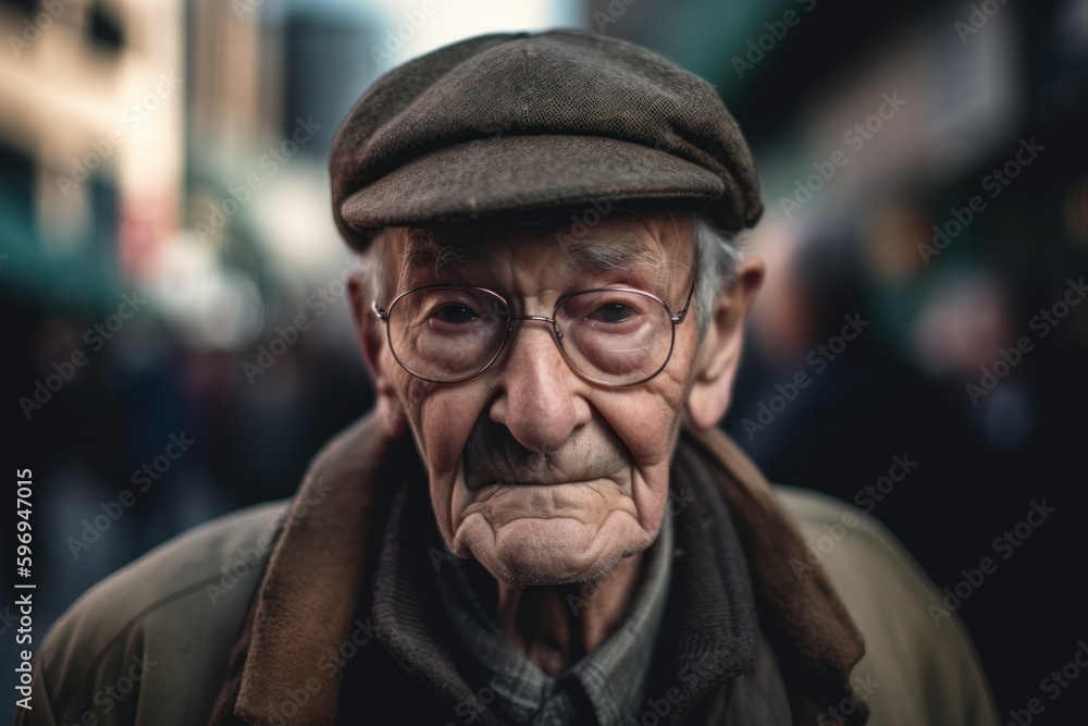Portrait of an elderly man with a cap in the city.