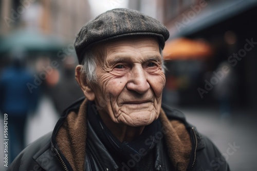 Portrait of an elderly man in a cap on the street.